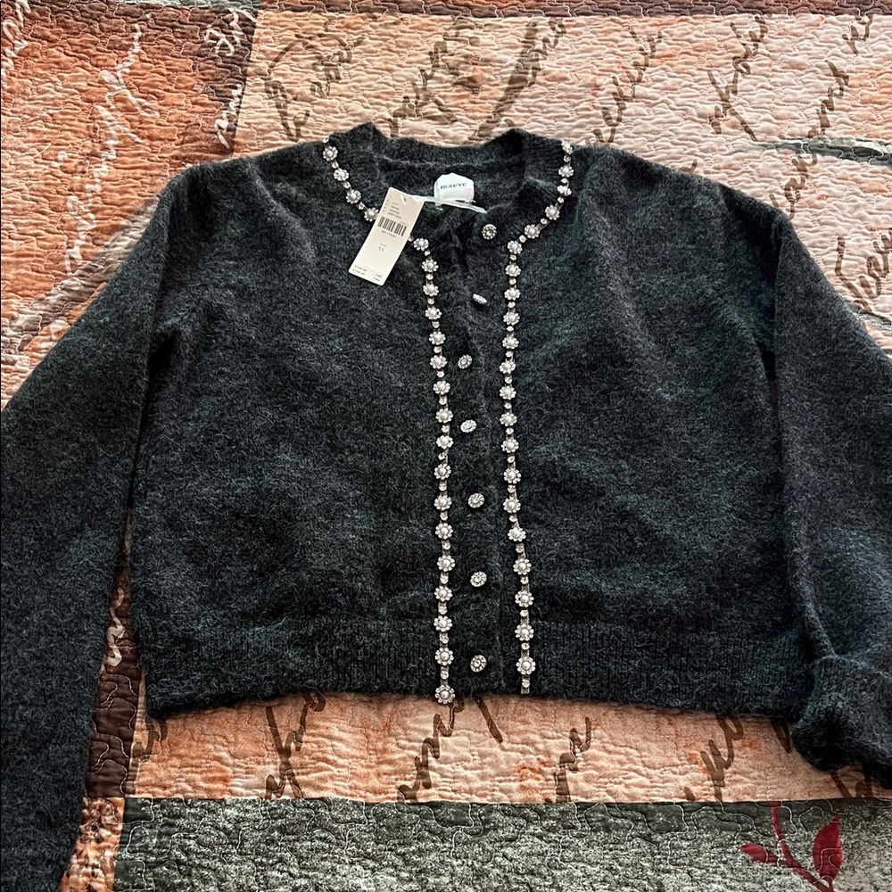 Anthropologie Dark Gray Cardigan with Pearl Details
